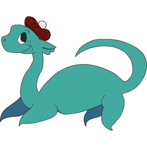 a teal nessie with freckles and a red tam o shanter